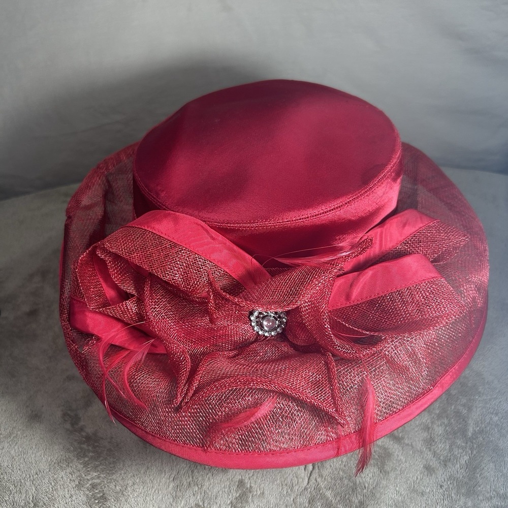 Plaza Suite NY Red Sinamay Derby Church Hat Feather Red Hat Society OS - Picture 2 of 10